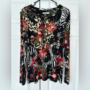 NWOT Chico’s Women’s Red/Green Flower Print Long Sleeve Tunic Blouse Shirt Sz L